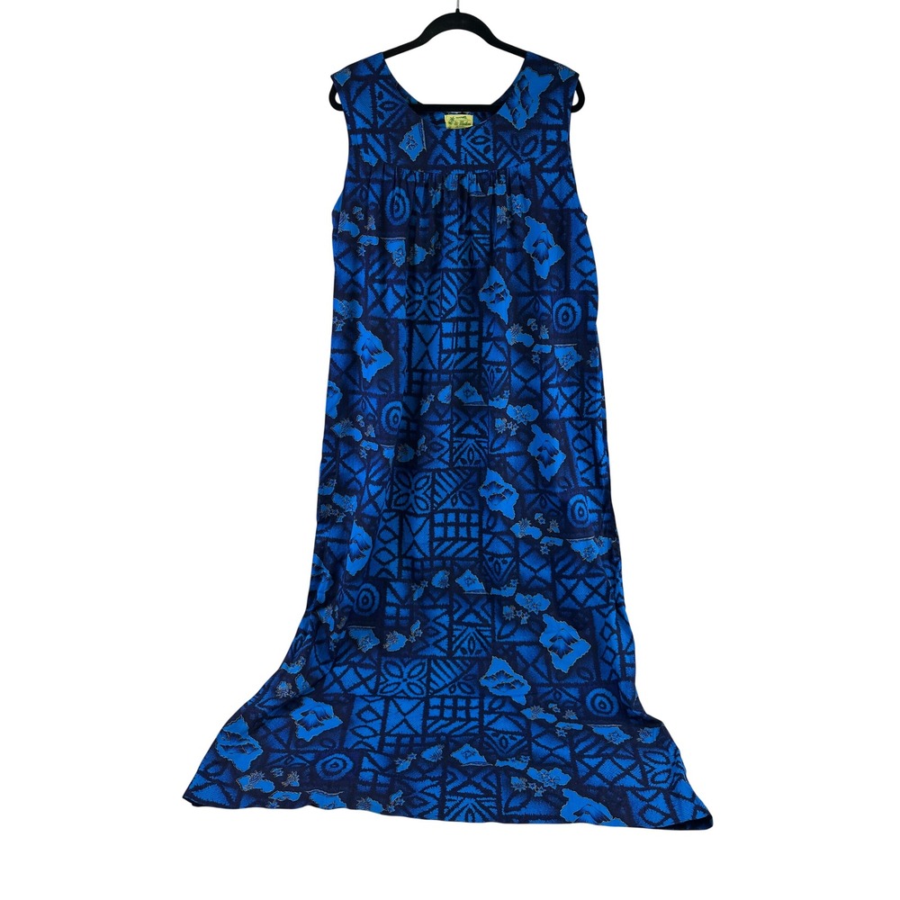 Ui-Maikai Muumuu Hawaiian Dress Blue Tribal Floral Cotton Maxi Hawaii Women L XL